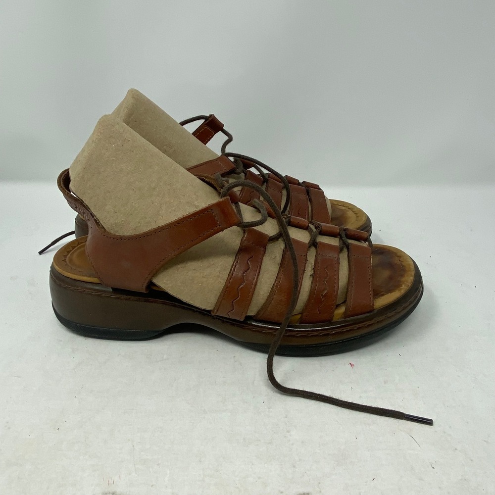 Dansko Brown Leather Gladiator Sandals Lace Up Wedge Made in Portugal Size 37